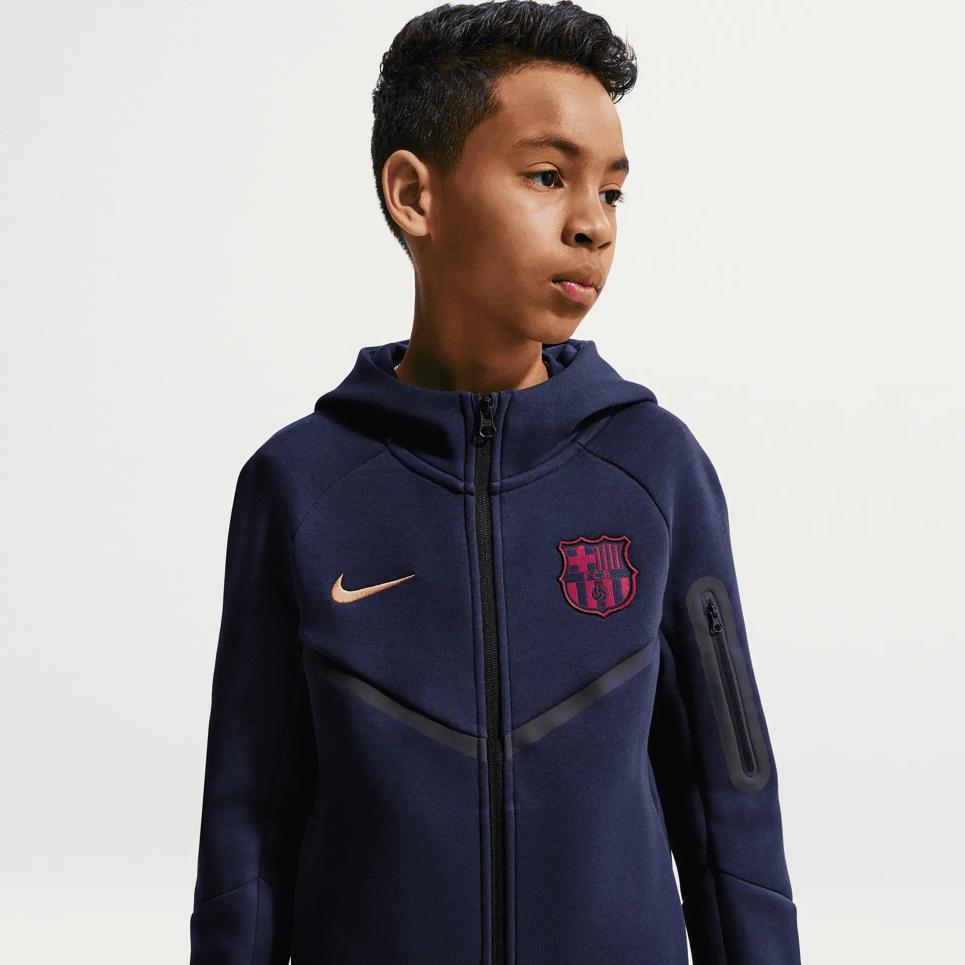 FC Barcelona Tech Fleece Nike-fodboldhættetrøje med lynlås i fuld længde til større børn (drenge) – blå